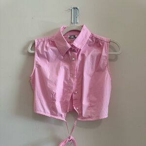 Pink Sleeveless Crop Button Down With Tie